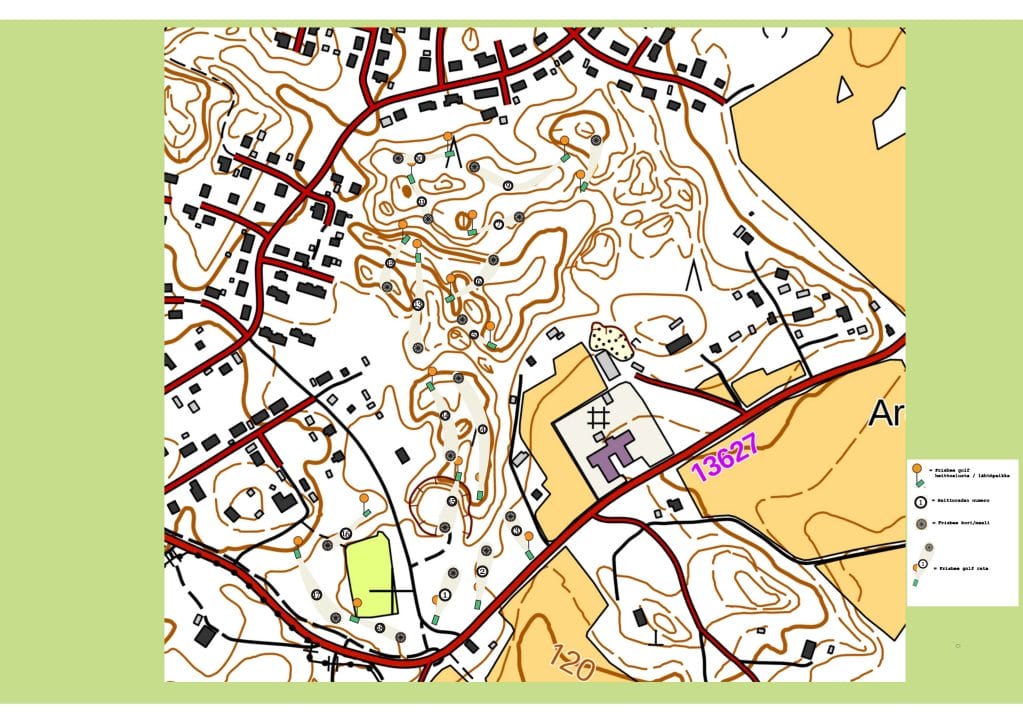 karttaluonnos Launosten frisbeegolf kentän suunnitelmasta